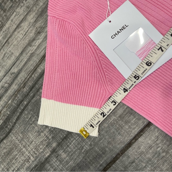 Chanel 23P Pink White CC Logo Ribbed Stretch Cotton Knit T-Shirt Top Shirt 36 - Picture 12 of 15